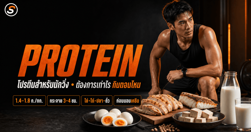 อาหารโปรตีนสำหรับนักวิ่ง ไข่ต้ม อกไก่ ปลา เต้าหู้ และนม พร้อมนักวิ่งชาย