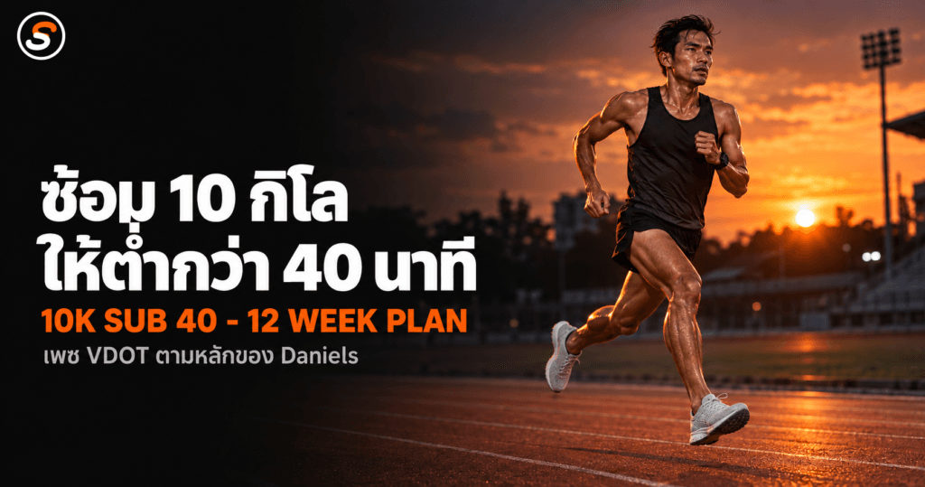 ตารางซ้อมวิ่ง 10 กิโล 40 นาที (Sub 40): แผน 12 สัปดาห์ ซ้อม 5 วันต่อสัปดาห์ ใช้เพซ VDOT ตามหลัก Daniels นักวิ่งชายชาวไทยวิ่งเต็มความเร็วบนลู่ยางสนามกรีฑาตอนพลบค่ำ พร้อมข้อความ ซ้อม 10 กิโล ให้ต่ำกว่า 40 นาที