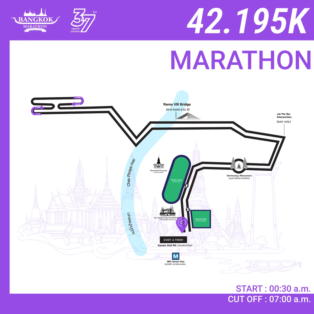 คู่มือกรุงเทพมาราธอน ครั้งที่ 37 (Bangkok Marathon 2027): รับ BIB, Cut-off, เส้นทาง และสถิติย้อนหลัง แผนที่เส้นทางมาราธอน 42.195K กรุงเทพมาราธอน ครั้งที่ 37 ภาพจากผู้จัด