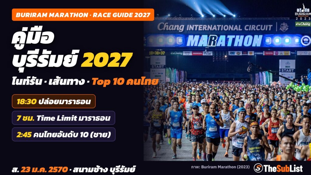 คู่มือ Buriram Marathon 2027: เวลาปล่อยตัว เส้นทาง และเวลาติด Top 10 คนไทย ปกคู่มือ Buriram Marathon 2027 นักวิ่งมาราธอนออกตัวตอนกลางคืนที่สนามช้าง อินเตอร์เนชั่นแนล เซอร์กิต ภาพของผู้จัด