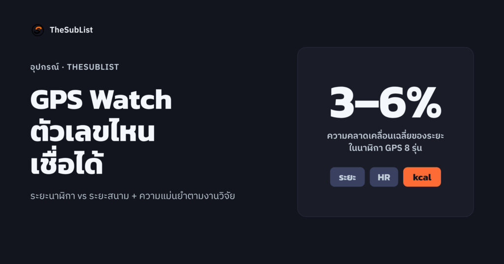 GPS Watch สำหรับนักวิ่ง: เลือกอะไรดี ใช้ metric ไหนสำคัญจริงๆ ปก GPS Watch สำหรับนักวิ่ง: ตัวเลขไหนเชื่อได้ ความคลาดเคลื่อนระยะ GPS 3–6%