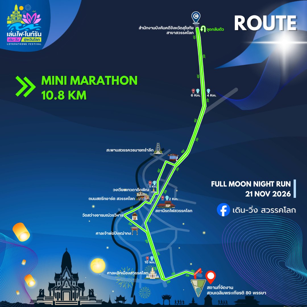 Full Moon Night Run Sawankhalok 2026 เดิน-วิ่ง สวรรคโลก เส้นทาง 10.8K