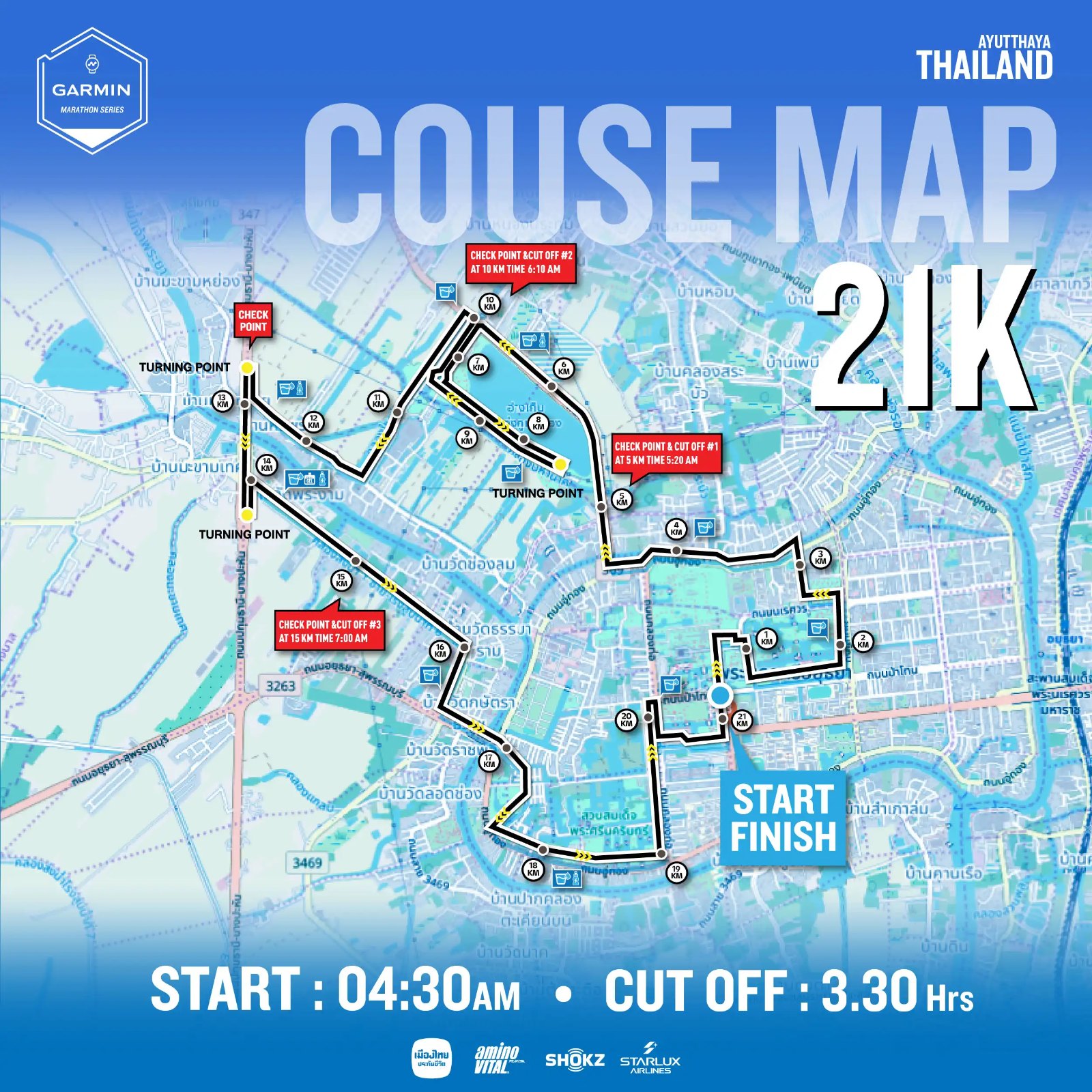 แผนที่เส้นทาง 21K Garmin Run Thailand อยุธยา