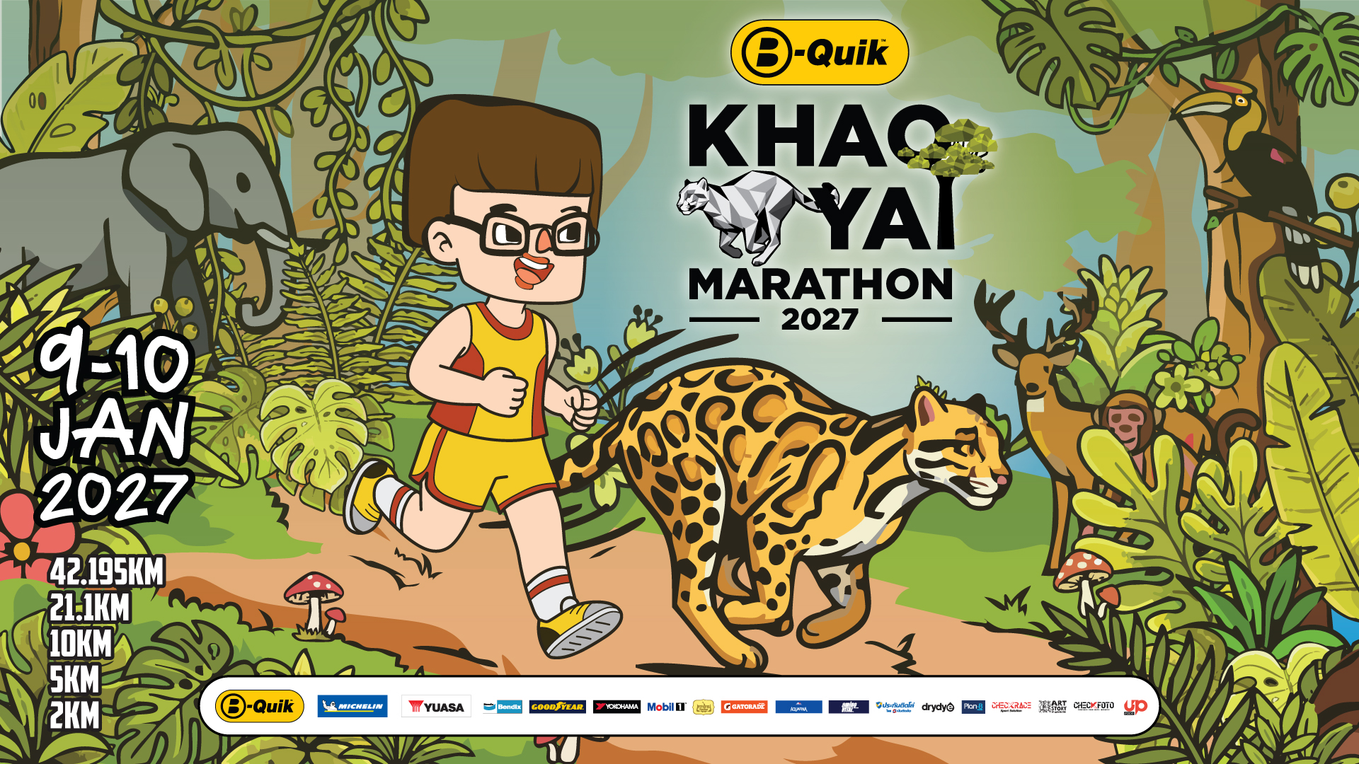 คู่มือ B-Quik Khao Yai Marathon 2027: Cut-off เส้นทาง และเวลาติด Top 100 B-Quik Khao Yai Marathon 2027 วันที่ 9–10 มกราคม 2570 ภาพ Key Visual ของผู้จัด