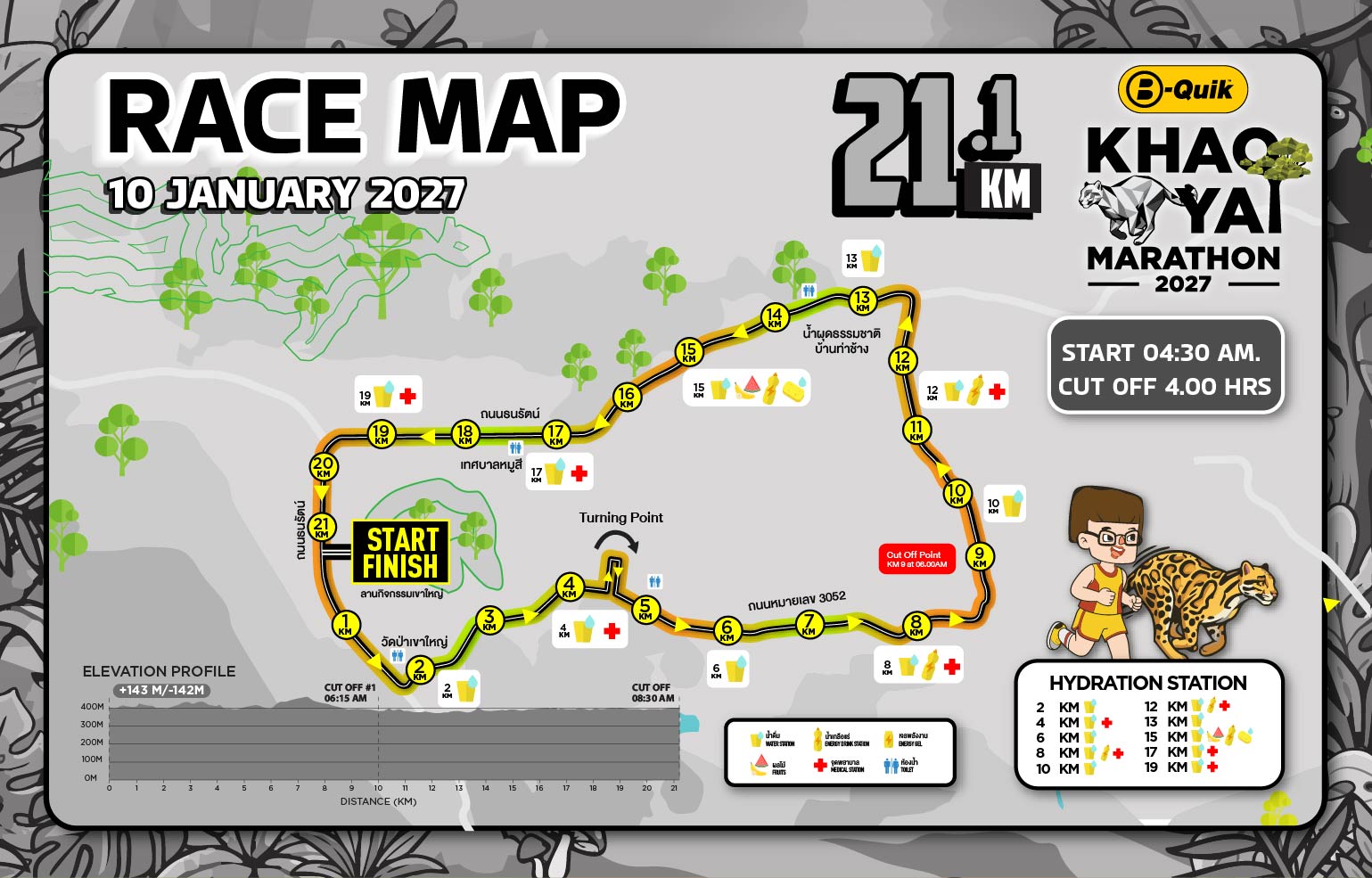 คู่มือ B-Quik Khao Yai Marathon 2027: Cut-off เส้นทาง และเวลาติด Top 100 แผนที่เส้นทางฮาล์ฟมาราธอน 21.1 กม. B-Quik Khao Yai Marathon 2027