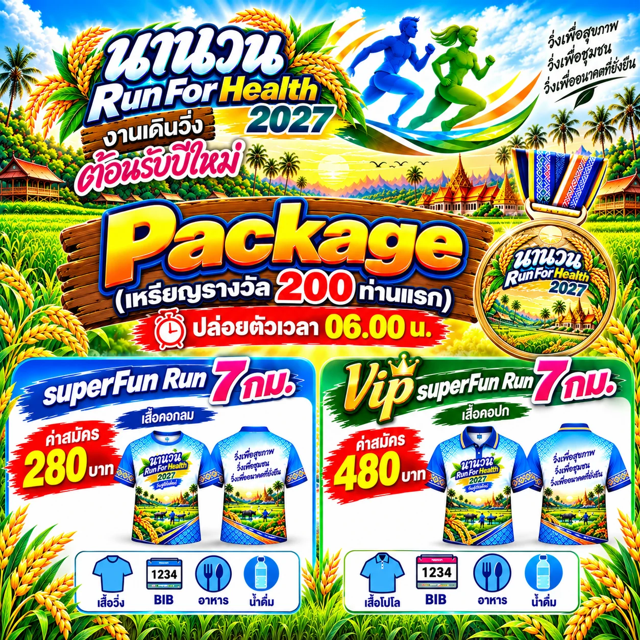 แพ็กเกจและค่าสมัคร นานวน Run For Health 2027 Super Fun Run 7 กม. 280 บาท VIP 480 บาท ปล่อยตัว 06:00 น.