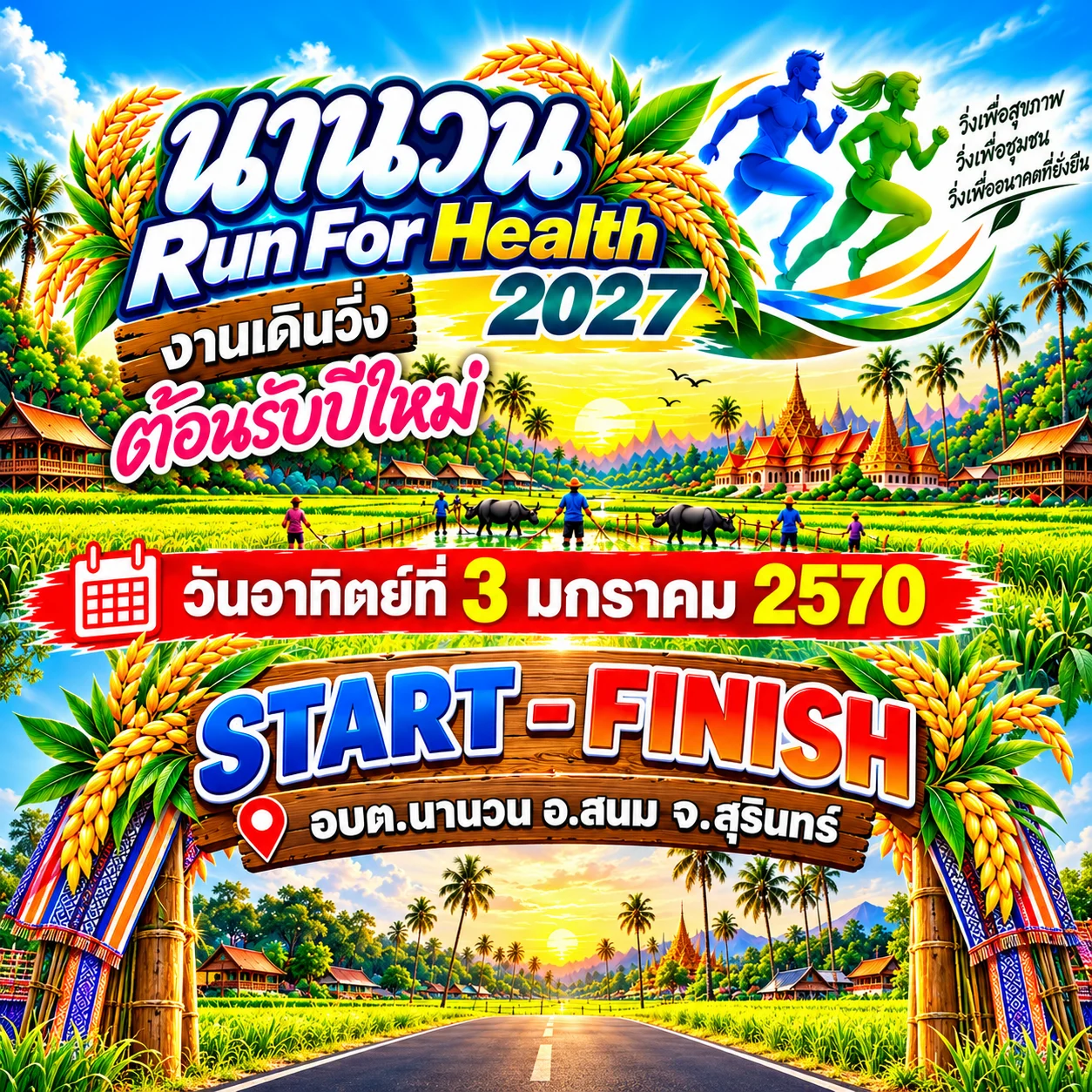 เดินวิ่งต้อนรับปีใหม่ นานวน Run For Health 2027 โปสเตอร์งานเดินวิ่งต้อนรับปีใหม่ นานวน Run For Health 2027 วันอาทิตย์ 3 ม.ค. 2570 อบต.นานวน อ.สนม จ.สุรินทร์