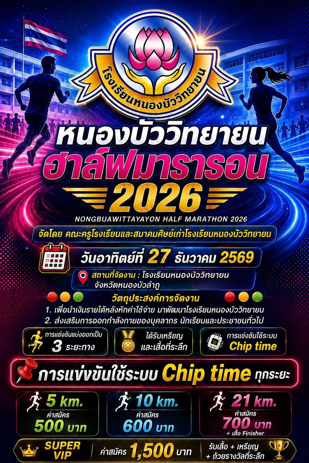 ภาพปก หนองบัววิทยายน ฮาล์ฟมาราธอน 2026 โปสเตอร์หนองบัววิทยายน ฮาล์ฟมาราธอน 2026 วันที่ 27 ธันวาคม 2569 ค่าสมัคร 5K 500 10K 600 21K 700 บาท