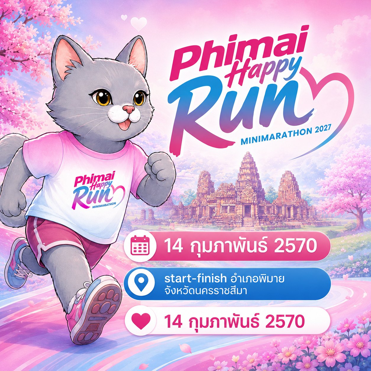 โปสเตอร์ Phimai Happy Run Minimarathon 2027 วันที่ 14 กุมภาพันธ์ 2570 อำเภอพิมาย นครราชสีมา