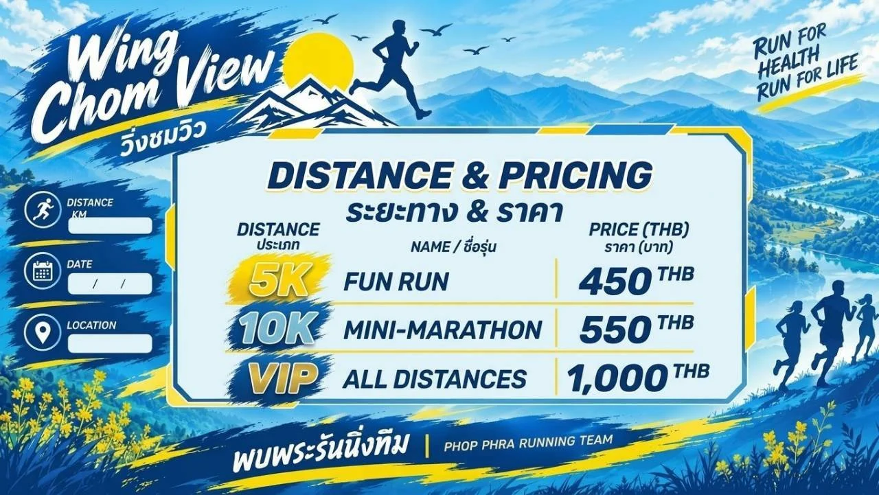 ตารางระยะทางและค่าสมัคร Phopphra 10K 2027 5K 450 บาท 10K 550 บาท VIP 1,000 บาท