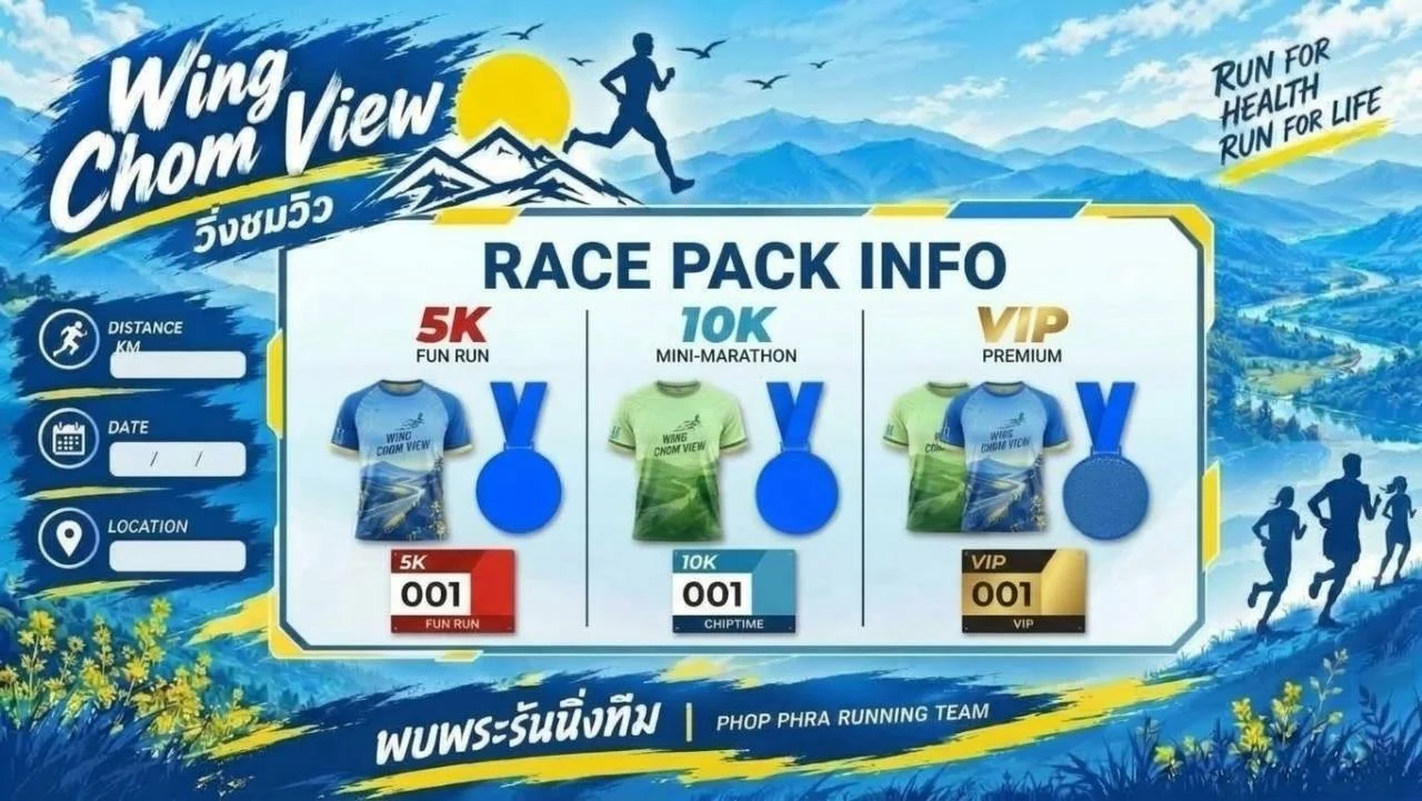 ภาพแพ็กเกจงาน Phopphra 10K 2027 เสื้อและเหรียญของระยะ 5K 10K และ VIP
