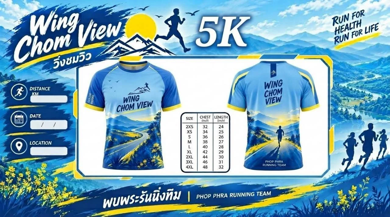 เสื้อระยะ 5K งาน Phopphra 10K 2027 สีฟ้า พร้อมตารางไซส์