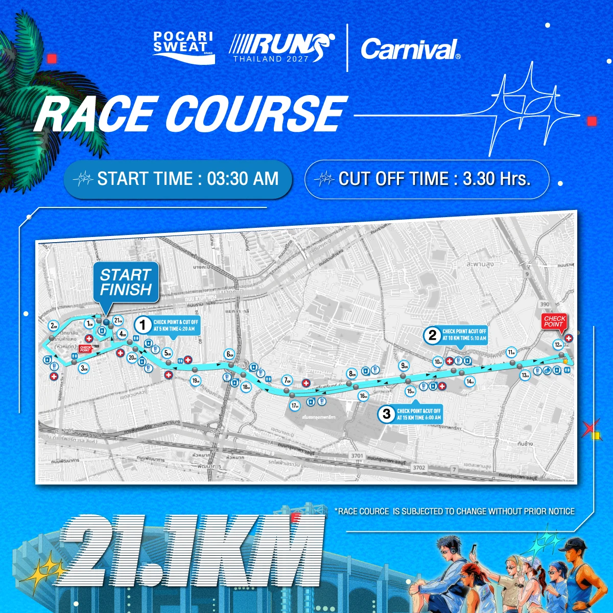 คู่มือ Pocari Sweat Run 2027: รับ BIB, Cut-off, เส้นทาง และสถิติ Top 100 แผนที่เส้นทาง 21.1K Pocari Sweat Run 2027 ภาพจากผู้จัด