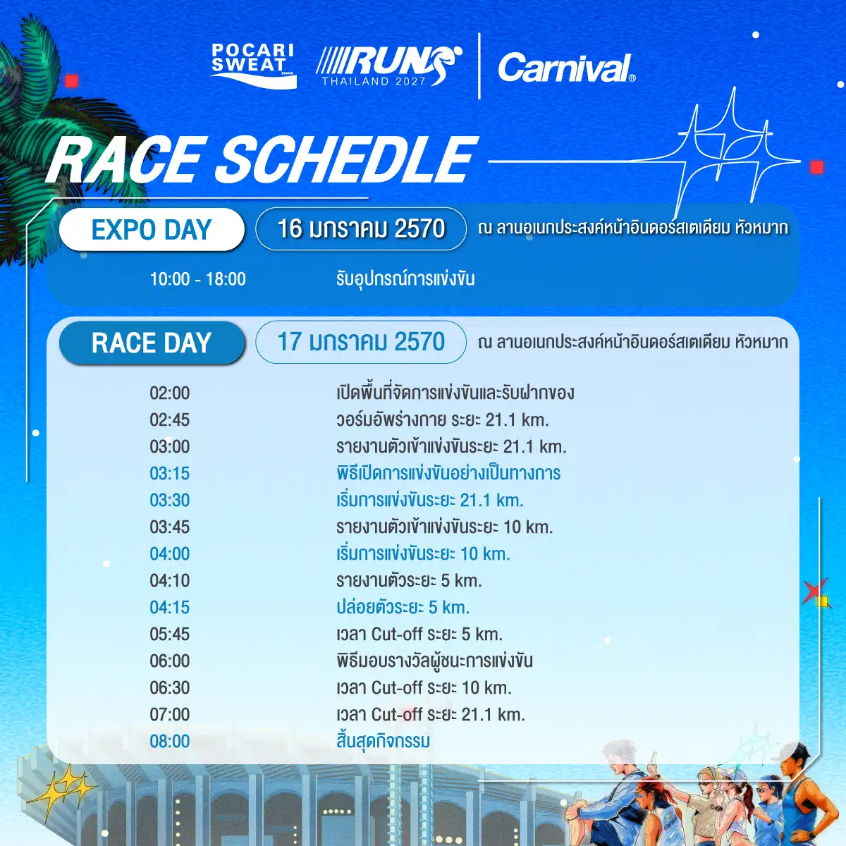 คู่มือ Pocari Sweat Run 2027: รับ BIB, Cut-off, เส้นทาง และสถิติ Top 100 กำหนดการวันแข่ง POCARI SWEAT RUN Carnival 2027 ภาพจากผู้จัด