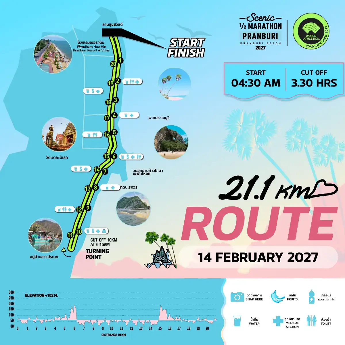 แผนที่เส้นทาง 21.1K ขึ้นเนินรวม 102 ม.