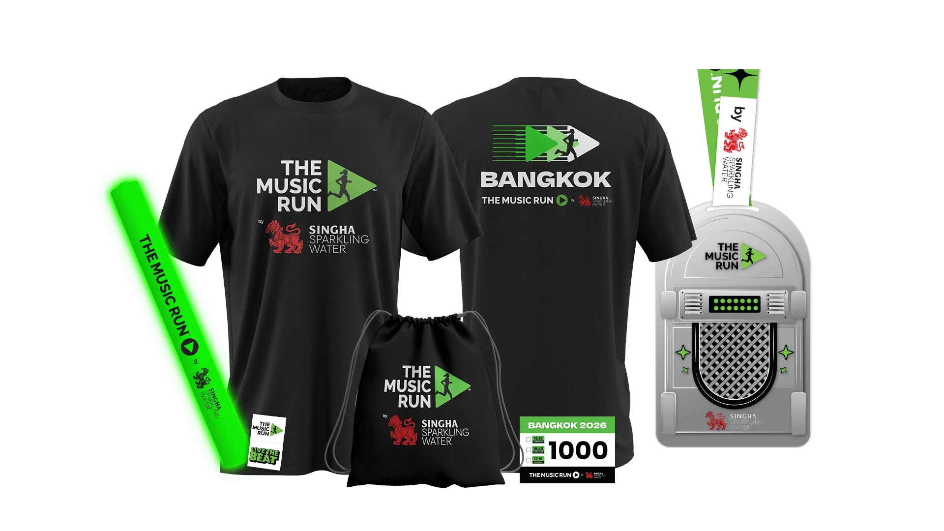 รอลบ — run pack the music run bangkok 2026 (พื้นหลังโปร่งใส ตัวอักษรไม่ขึ้น) ของในชุดสมัคร The Music Run Bangkok 2026 เสื้อ เหรียญ ถุงผ้า Glow Stick BIB