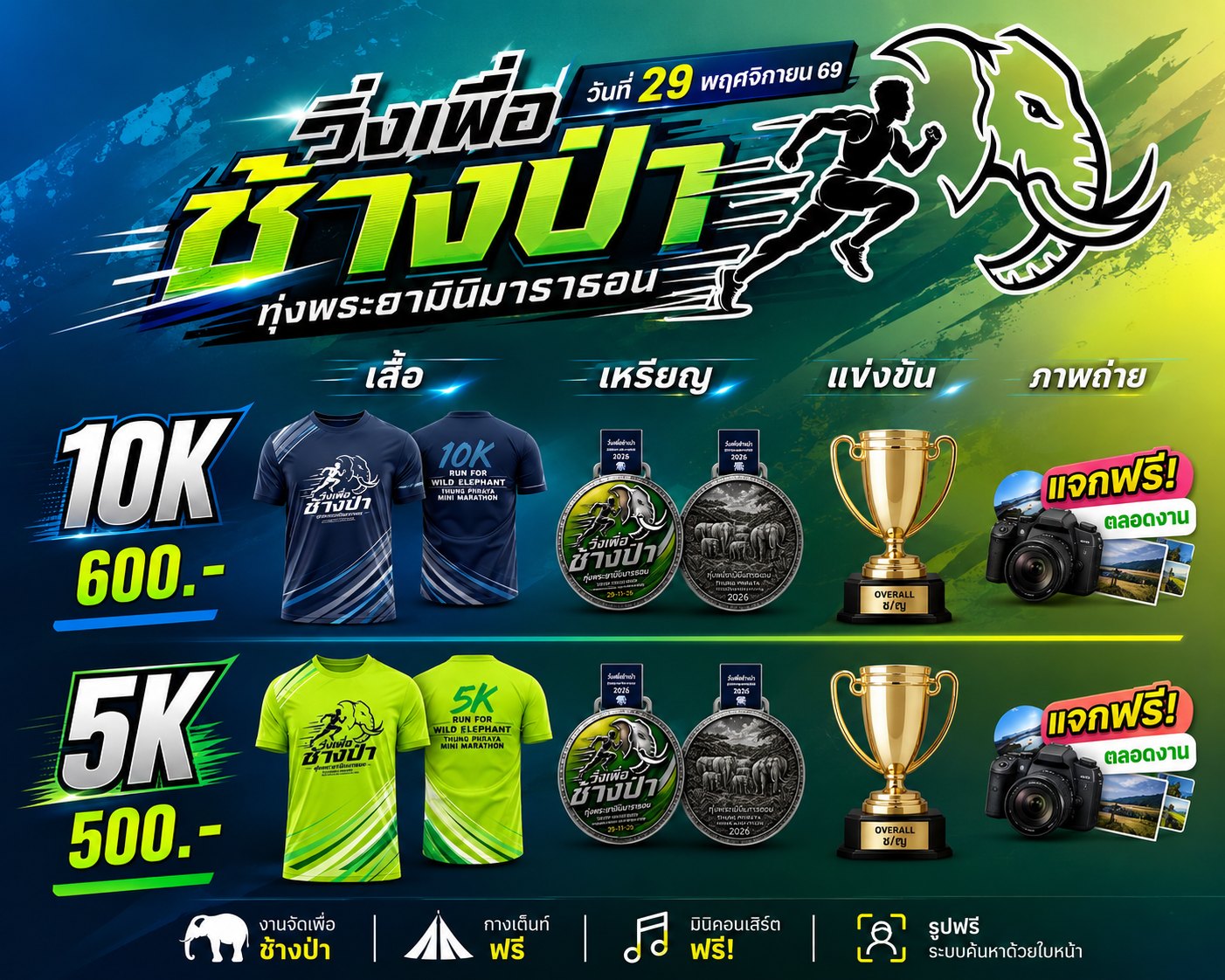 ค่าสมัคร 10K 600 บาท 5K 500 บาท เสื้อ เหรียญ ถ้วยรางวัล