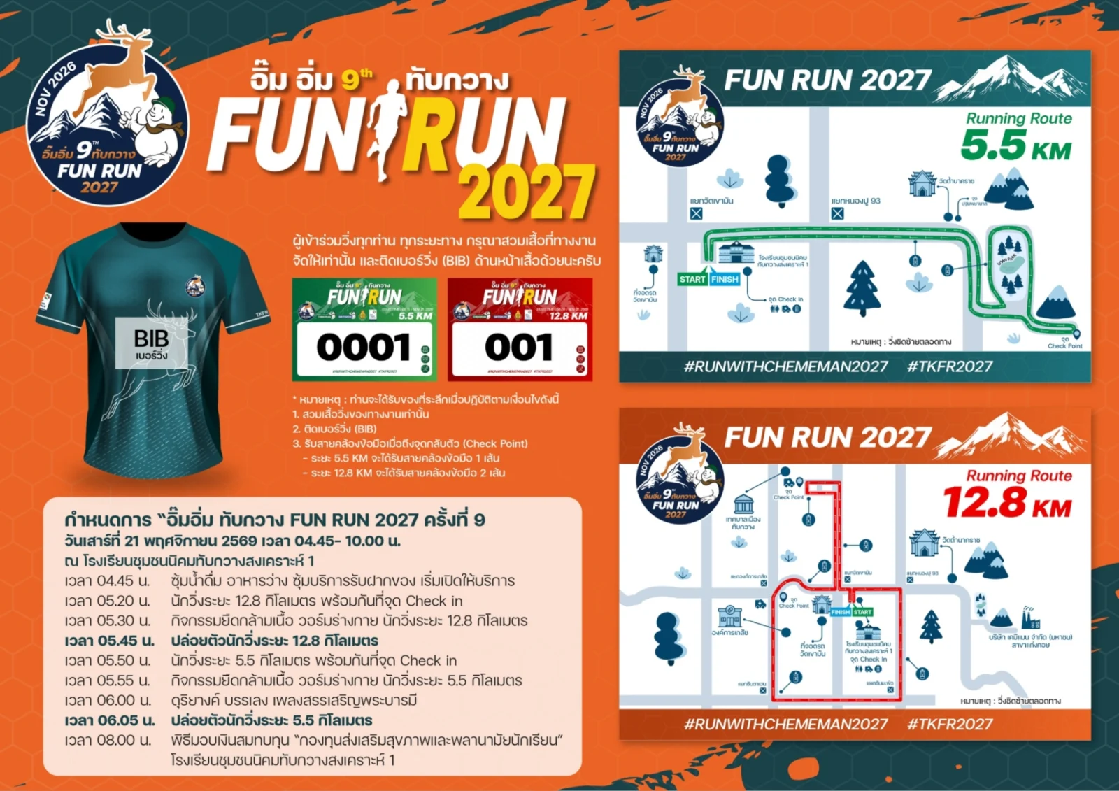 กำหนดการและแผนที่เส้นทาง 5.5K และ 12.8K อิ๊มอิ่ม 9th ทับกวาง FUN RUN 2027